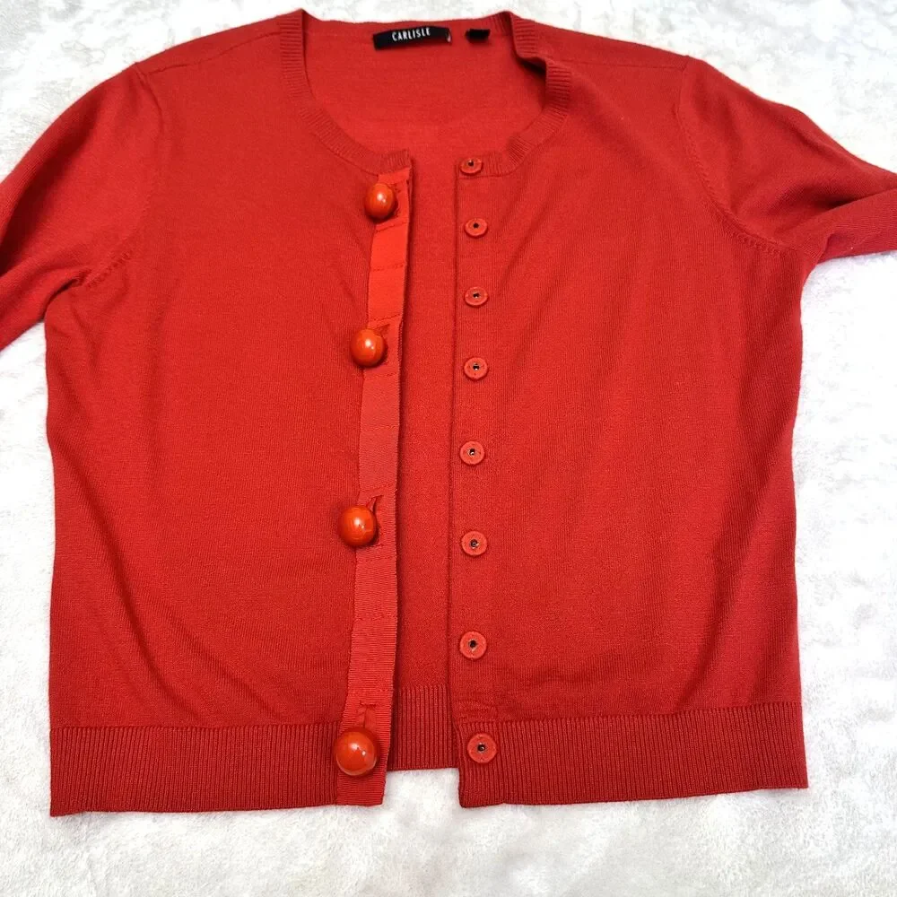 Etcetera Women's Red Crewneck Dome Buttons Cardigan Sweater Sz XS